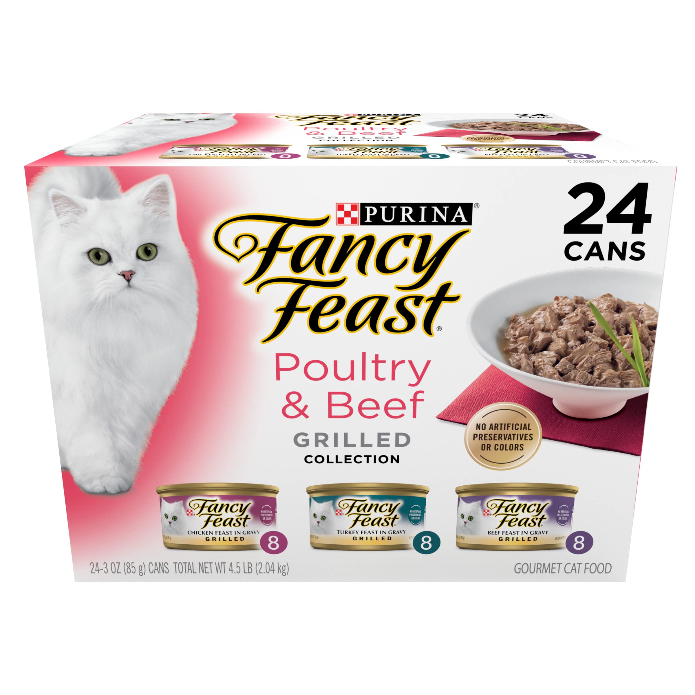 Fancy Feast Grilled: poulet et boeuf, collection pratique de 24 boîtes, repas équilibré.