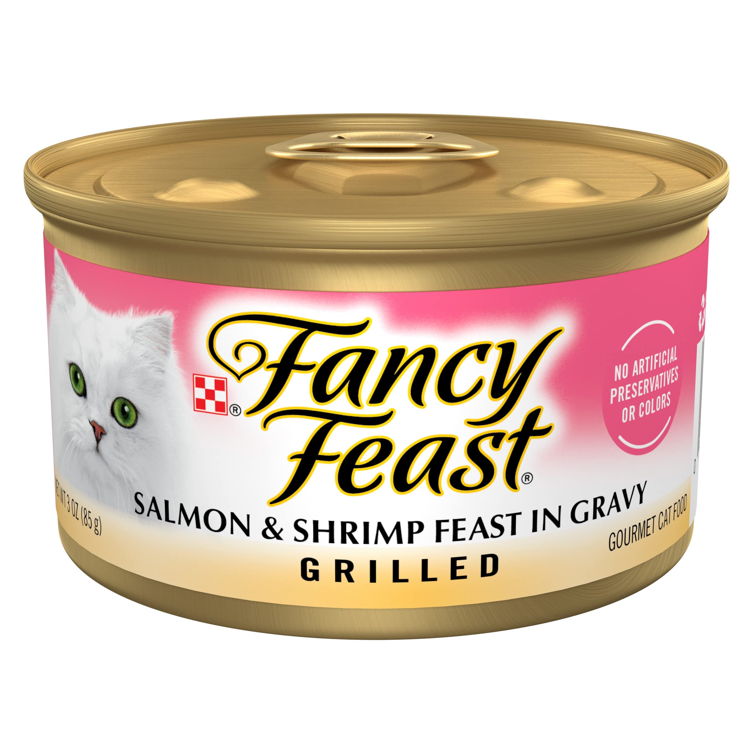 Fancy Feast grille saumon-crevettes-boite-01: bouchée grillée appetissante pour chat gourmand.