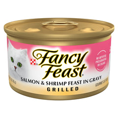 Fancy Feast grille saumon-crevettes-boite-01: bouchée grillée appetissante pour chat gourmand.