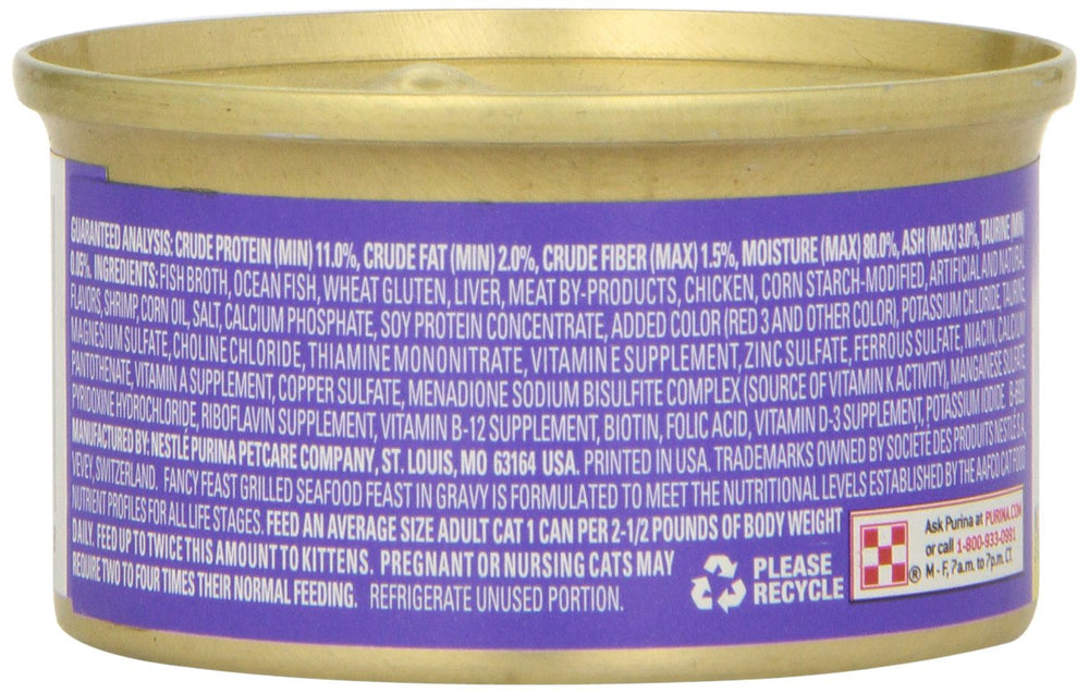 Contenu Fancy Feast Grillé Fruits de Mer 3oz servi dans une assiette