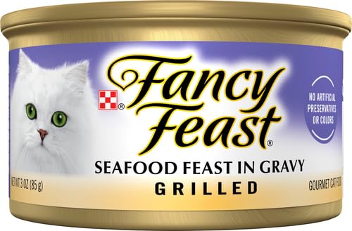 Étiquette Fancy Feast Grillé Fruits de Mer 3oz lisible et informative