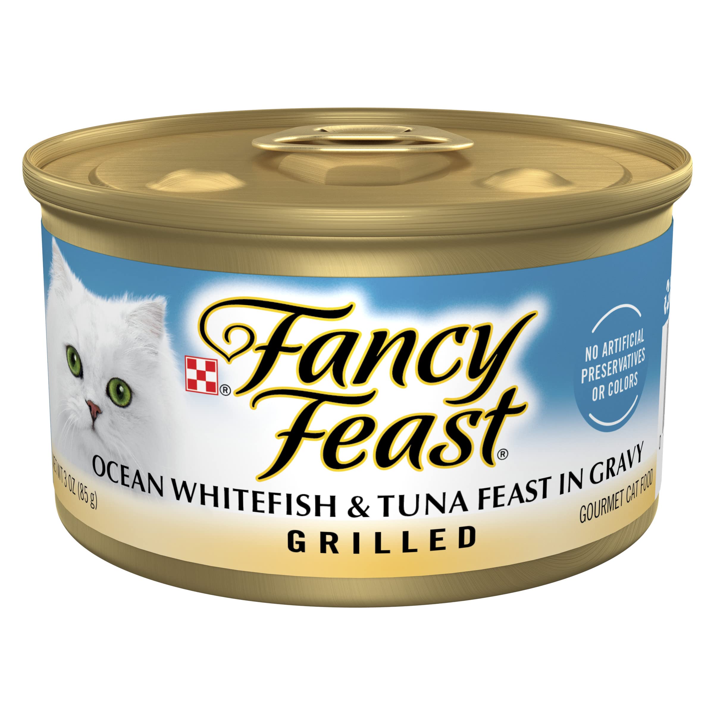 Fancy Feast Grilled – nourriture humide au poisson blanc et thon en sauce, repas savoureux pour chat.