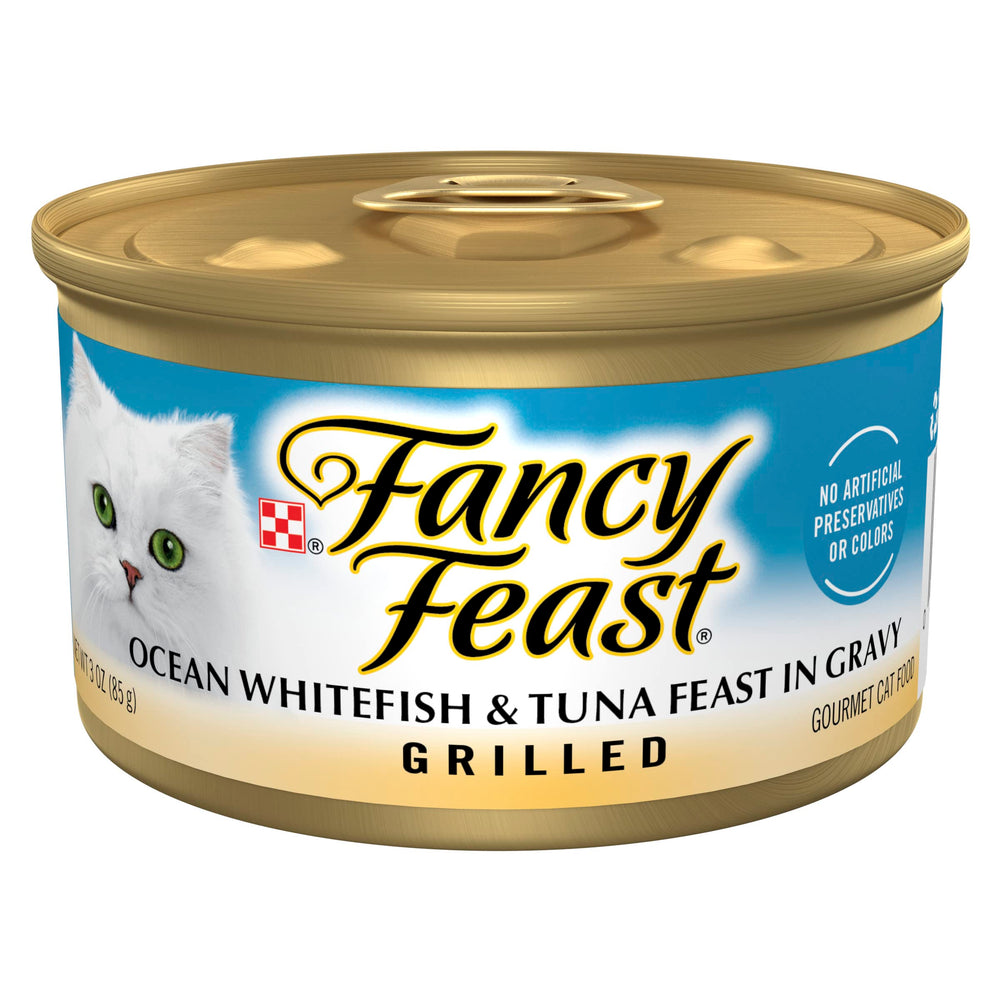Fancy Feast Grilled – nourriture humide au poisson blanc et thon en sauce, repas savoureux pour chat.