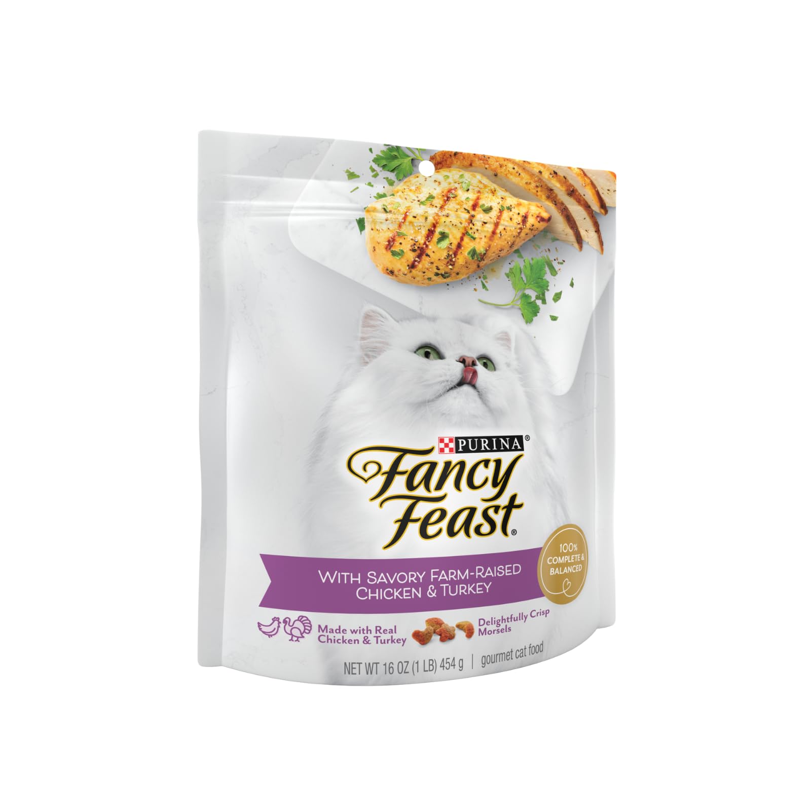Morceaux de poulet et de dinde visibles dans les croquettes Fancy Feast