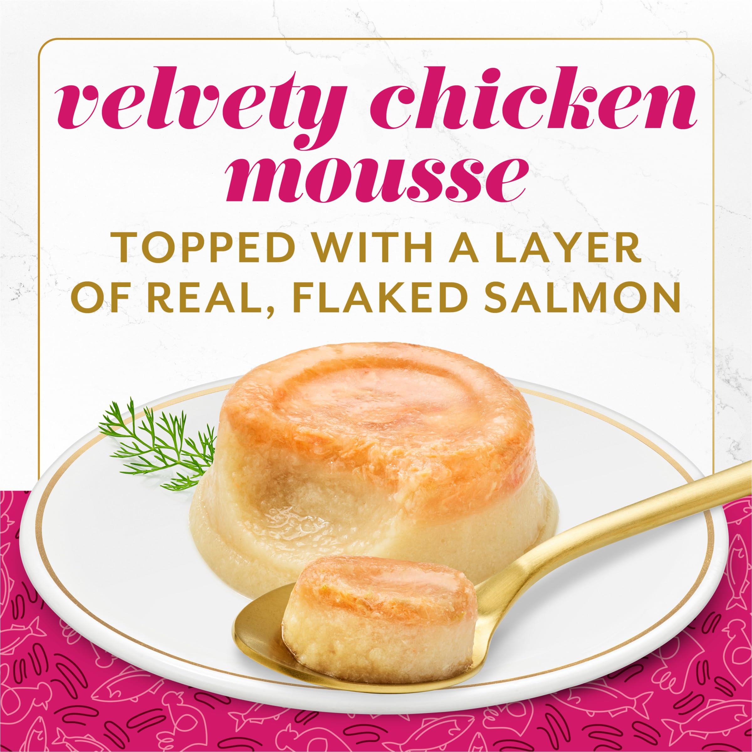 Texture double Fancy Feast Layered Delights mousse poulet et flocons saumon.
