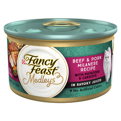Fancy Feast Medleys Boeuf et Porc Milanese, conserves, morceaux émiettés pour repas appétissant.