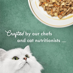 Jus savoureux enveloppant les morceaux Fancy Feast Medleys pour un repas riche.
