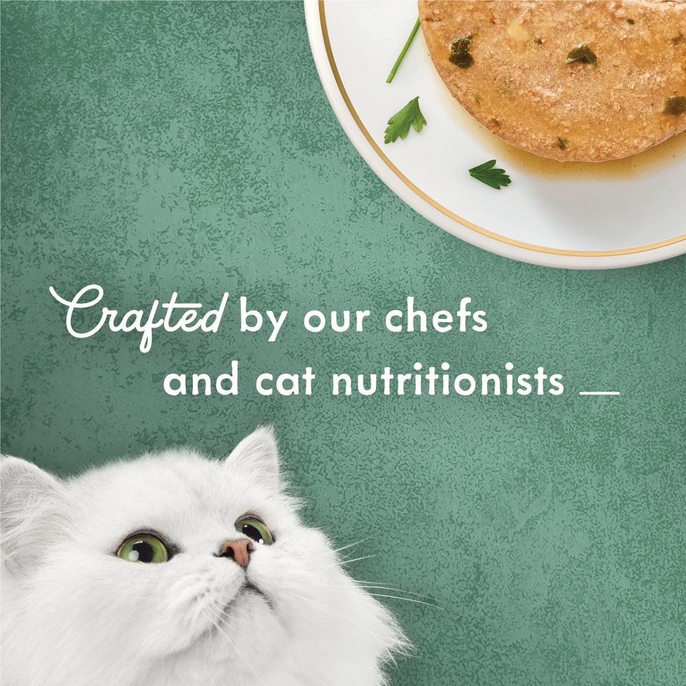 Ingrédients de qualité dans Fancy Feast Medleys — poulet blanc, fromage et épinards visibles.