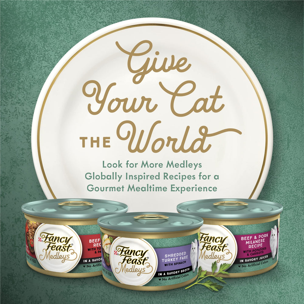 Fancy Feast Medleys: nutrition complète et équilibrée pour chats adultes, incluant poulet et épinards.