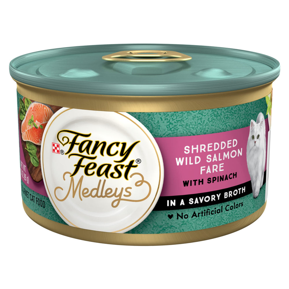 Fancy Feast Medleys saumon sauvage effiloché et épinards dans bouillon savoureux, appétence accrue.