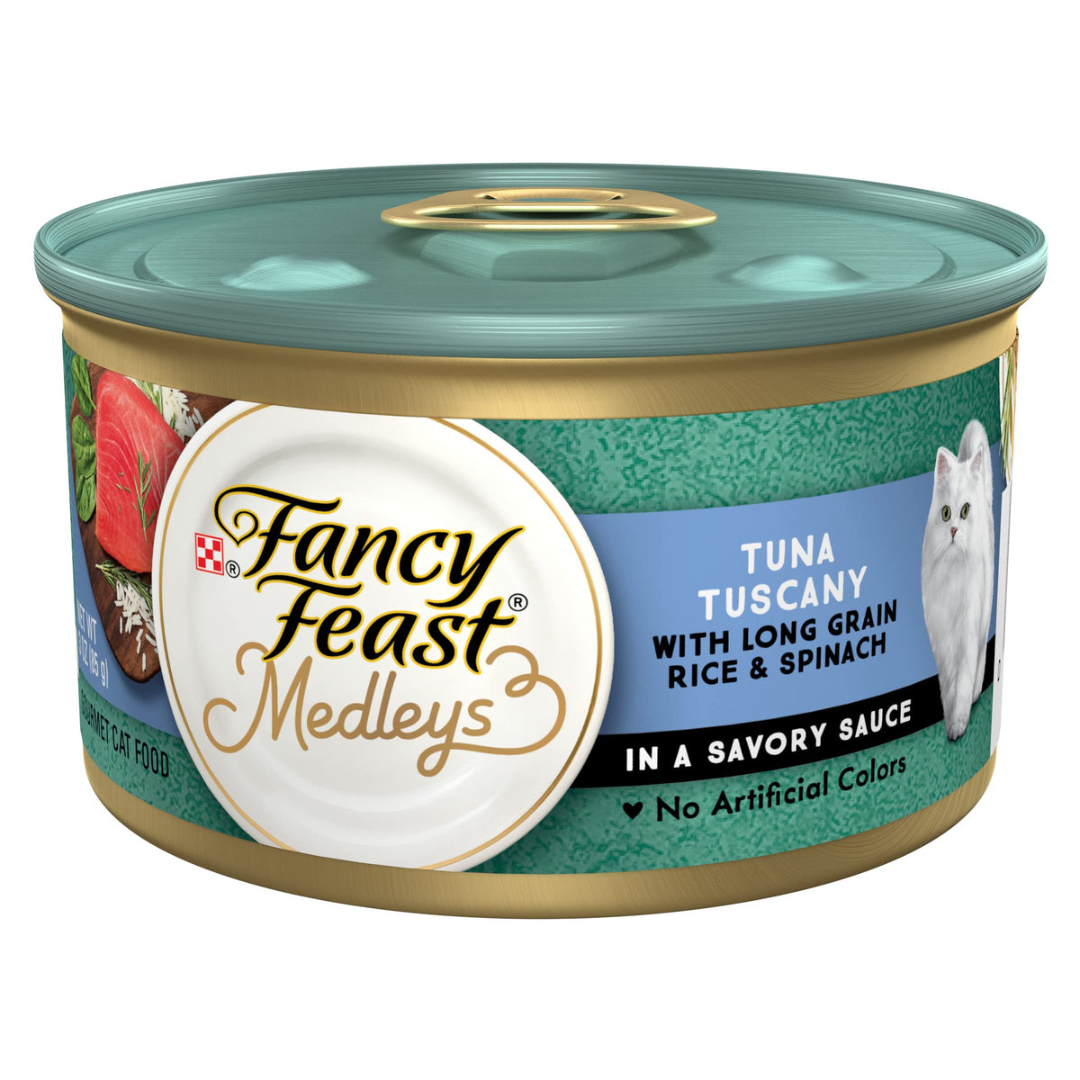 Fancy Feast Medleys Thon Tuscany en boîte, texture tendre idéale pour chats adultes.