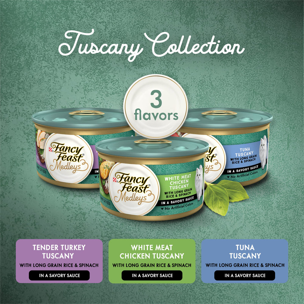 Fancy Feast Medleys Toscane – assiette servie, saveurs variées pour votre chat.