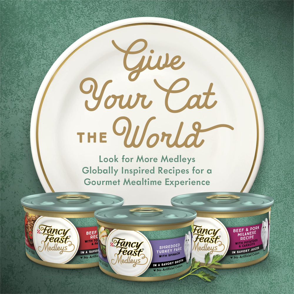 Purina Fancy Feast Medleys variété de recettes, textures attractives pour chats adultes.