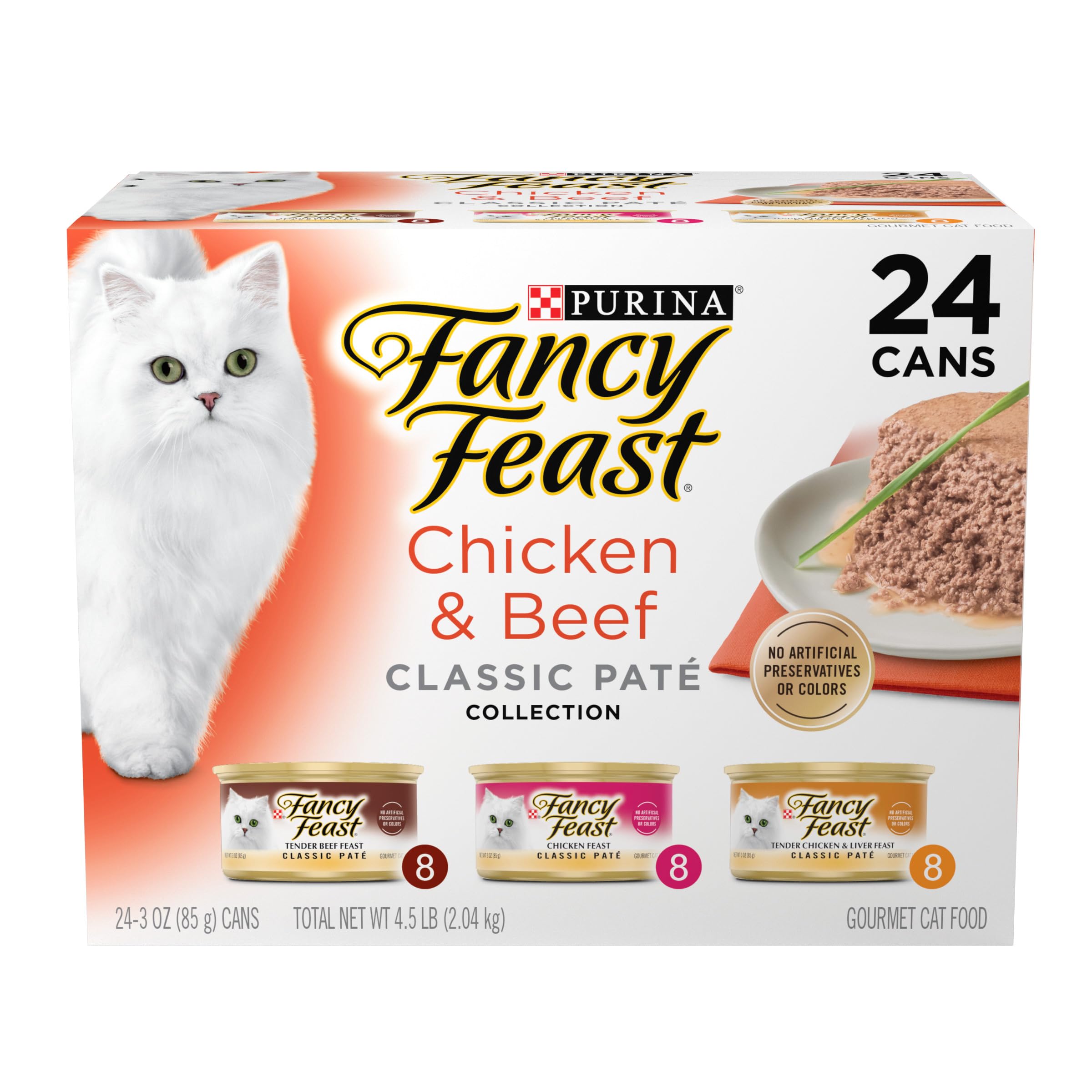 Fancy Feast Pâté chat poulet 3oz, texture onctueuse pour repas quotidien.