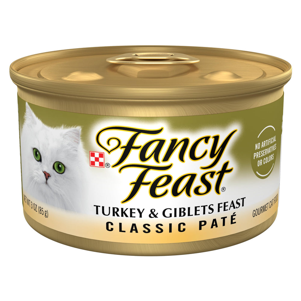 Purina Fancy Feast Pâté Dinde et Abats, texture lisse en boîte de 85 g.