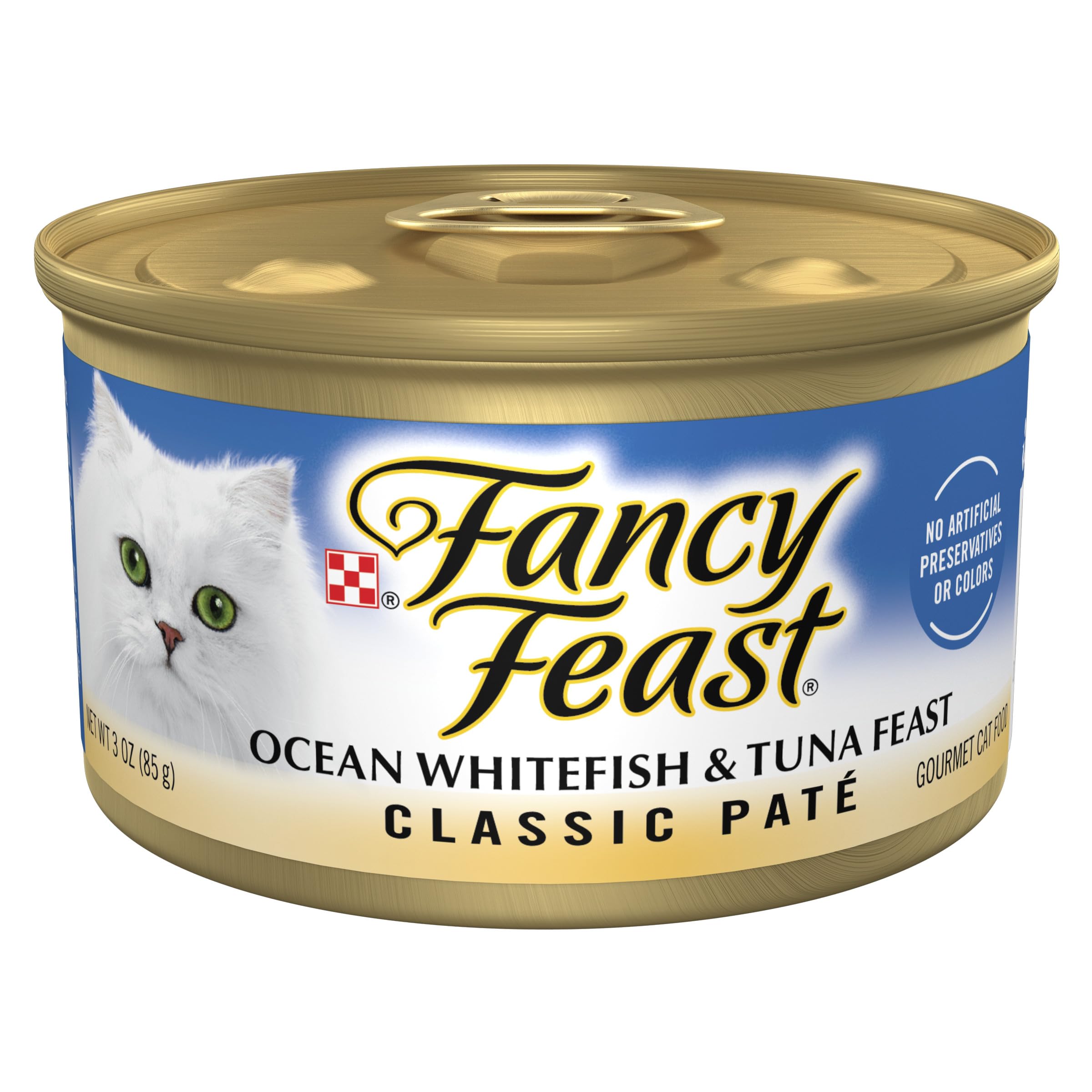 Fancy Feast Pâté poisson-blanc-thon sur boîtes: texture onctueuse et goût marin.