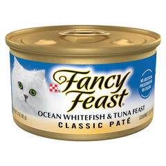 Fancy Feast Pâté poisson-blanc-thon sur boîtes: texture onctueuse et goût marin.