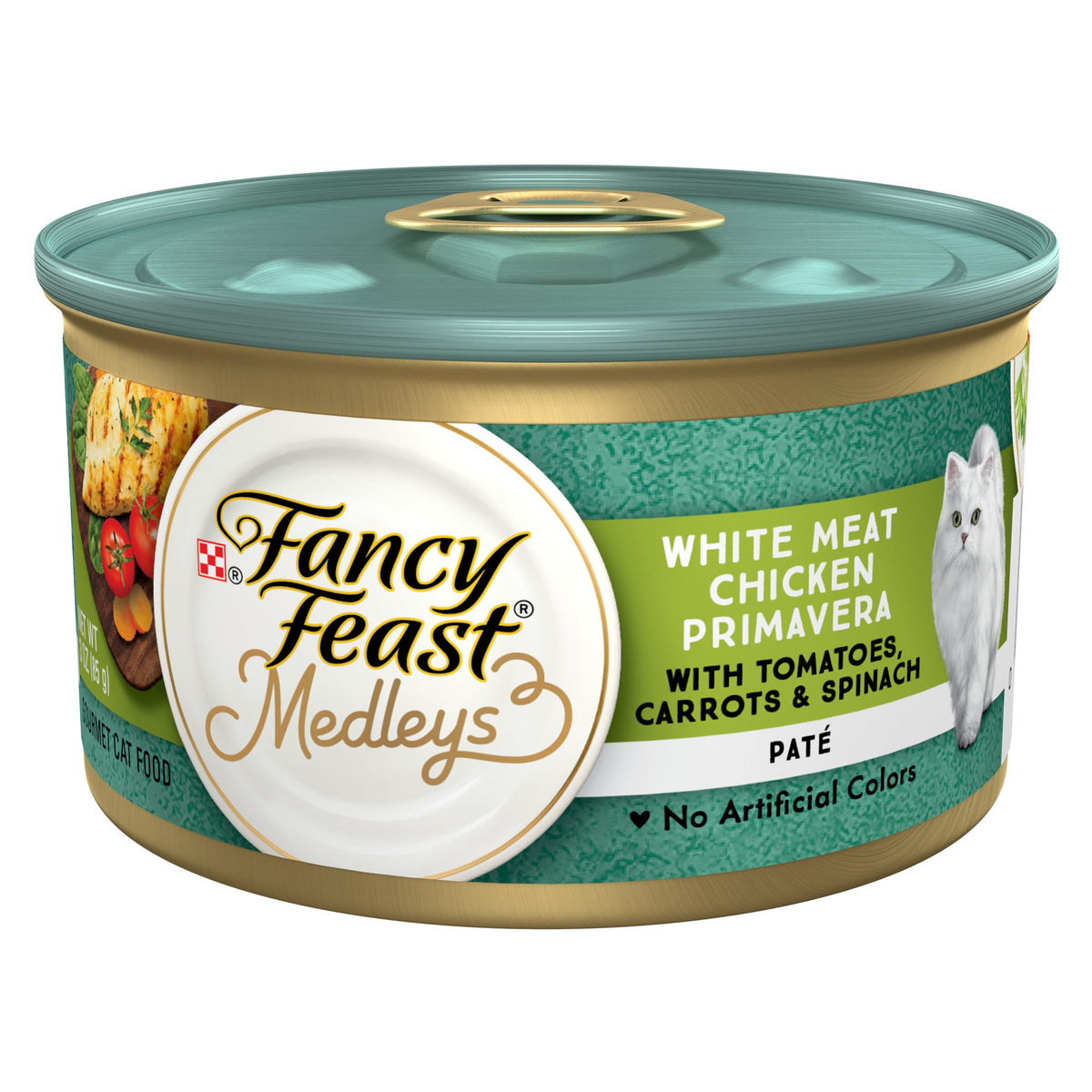 Fancy Feast Pâté Poulet Primavera et Légumes : texture onctueuse pour le repas quotidien.