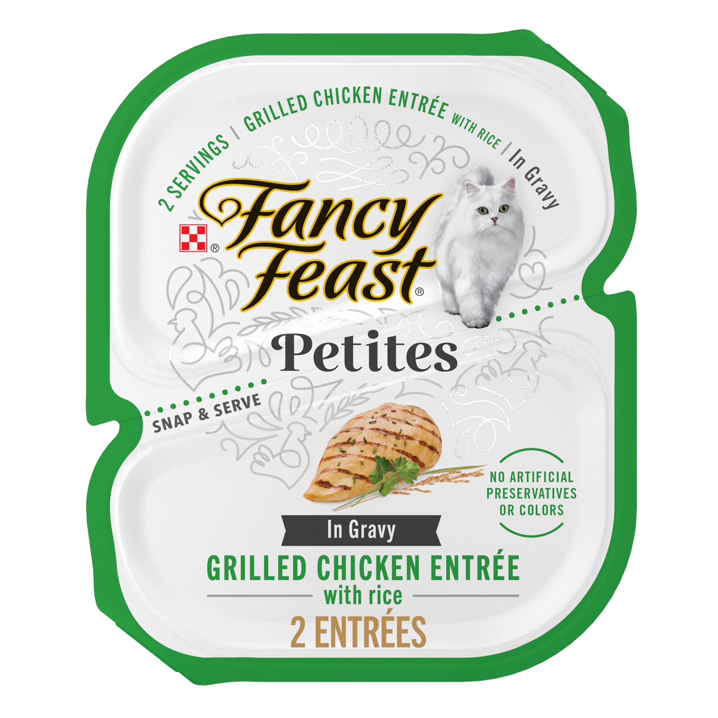 Fancy Feast Petites: entée poulet grillé avec riz, morceaux tendres dans sauce appétissante.