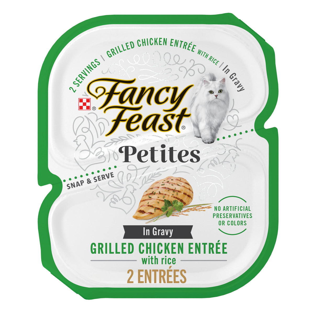 Fancy Feast Petites: entée poulet grillé avec riz, morceaux tendres dans sauce appétissante.