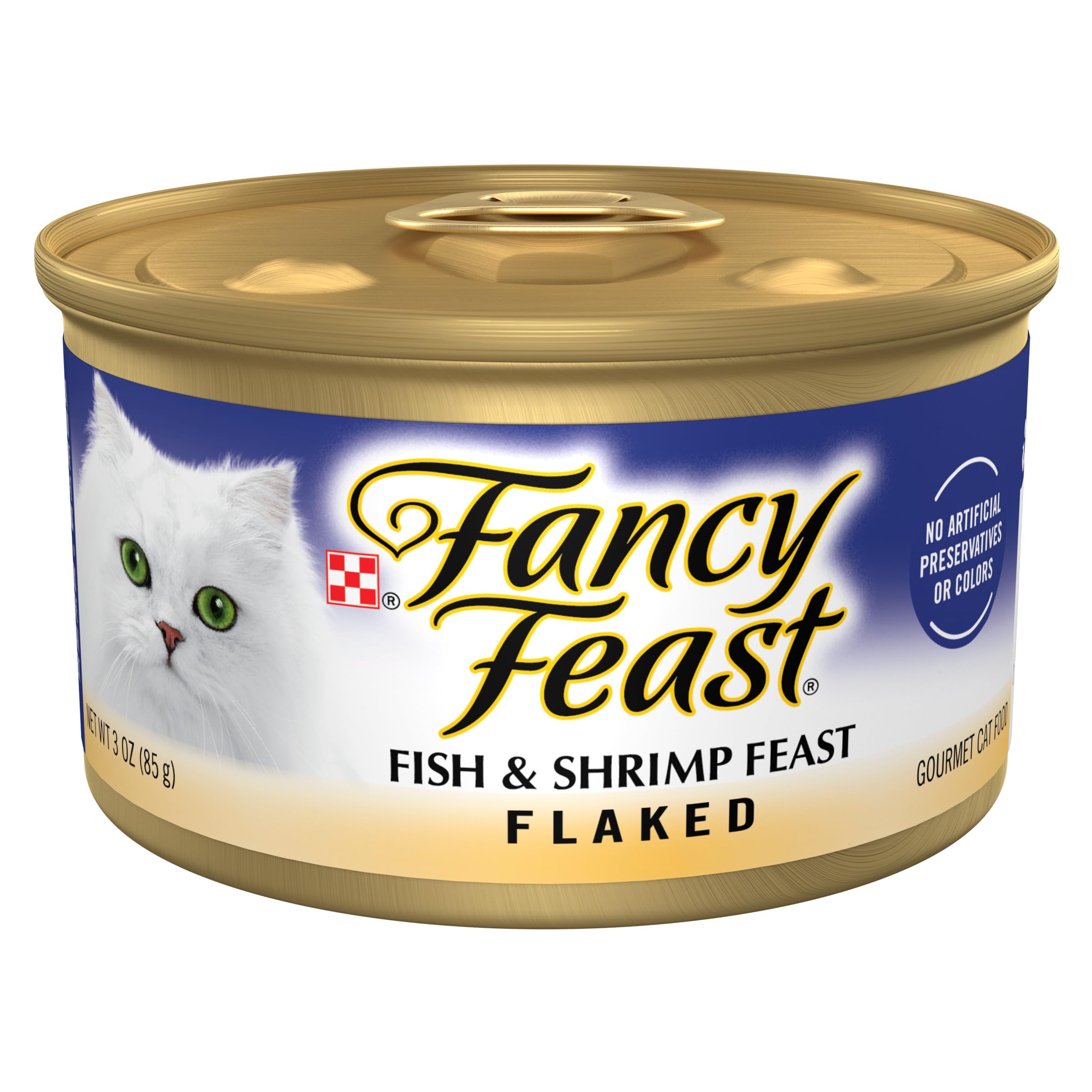 Fancy Feast poisson et crevettes floconnees dans boite, texture gourmande prête à servir.