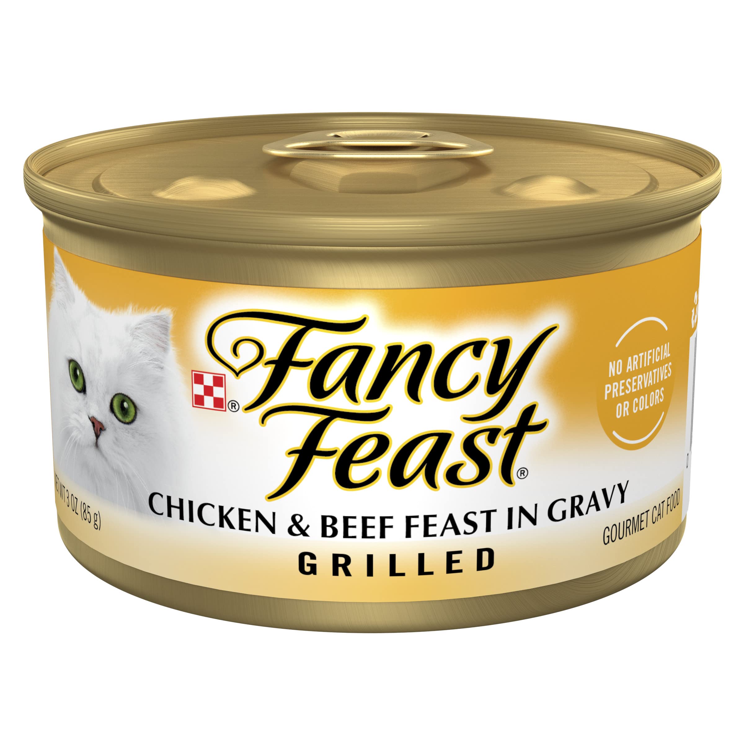 Fancy Feast poulet et boeuf grillés en sauce savoureuse pour chat, repas pratique et appétissant.
