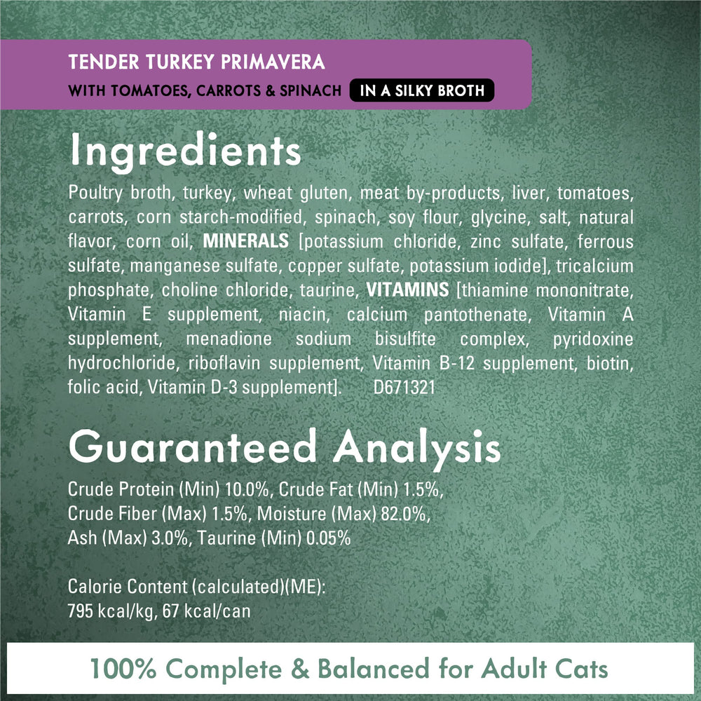 Fancy Feast Primavera texture en morceaux dans le bouillon, plaisir et dosage faciles.