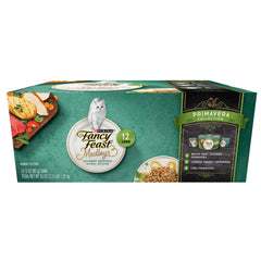 Fancy Feast Primavera poulet-tomates-carottes-épinards, repas savoureux et équilibré pour chat adulte.