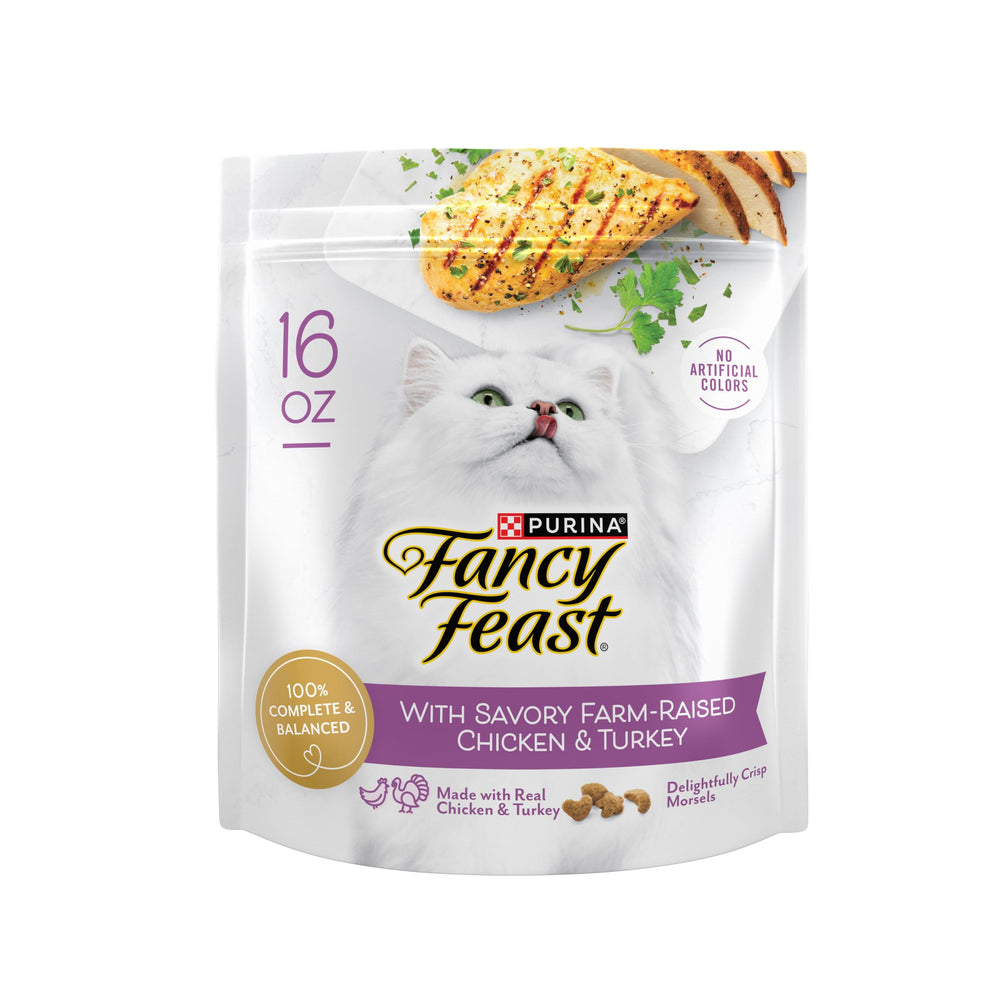 Fancy Feast sac sec poulet et dinde, 4 paquets, repas quotidiens pratiques pour chat.