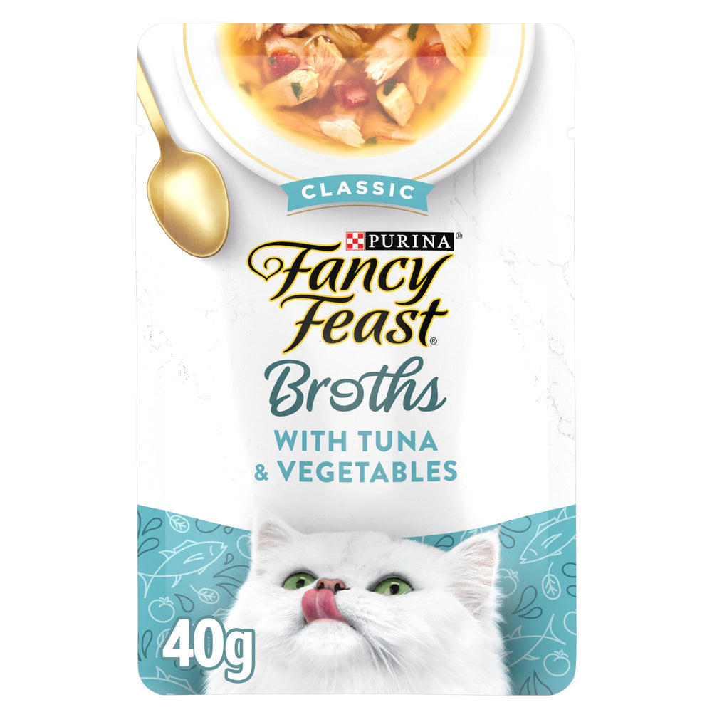 Fancy Feast bouillon thon et légumes en sachet prêt à servir.