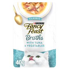 Fancy Feast bouillon thon et légumes en sachet prêt à servir.