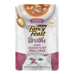 Fancy Feast sachets bouillon bisque-crabe, prêt à hydrater les repas.