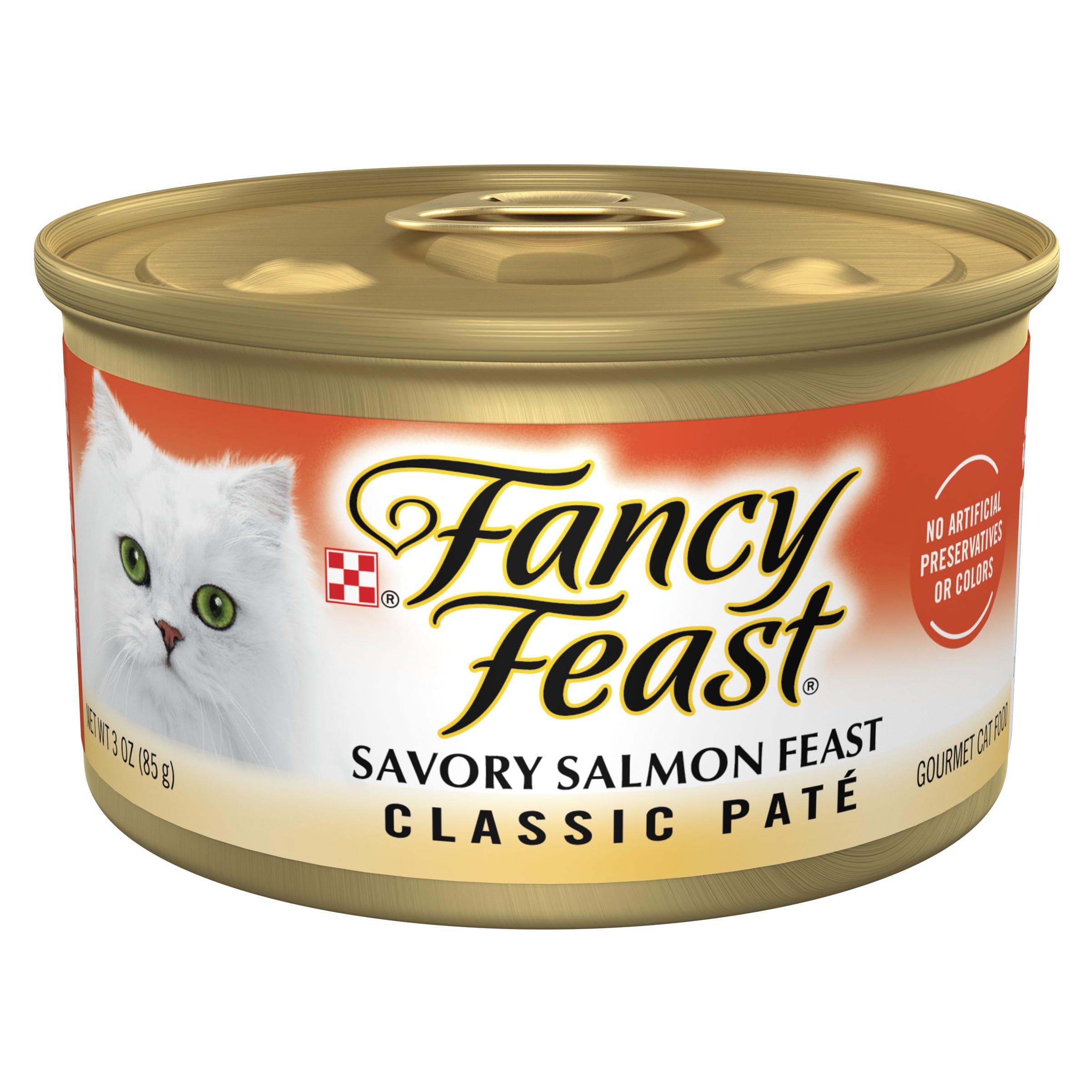 Fancy Feast Saumon Pâté — boîte ouverte prête à servir, texture lisse et appétissante.