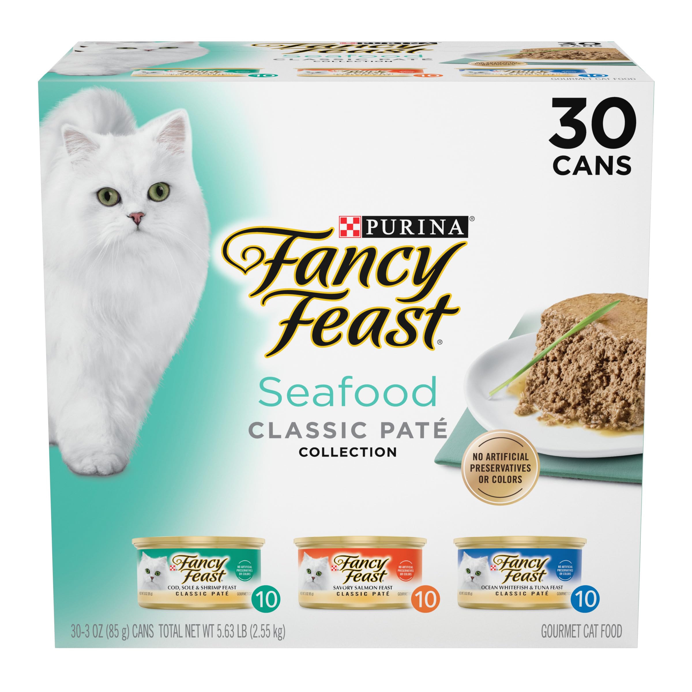 Fancy Feast Seafood Classic Pate, boîte ouverte, texture onctueuse attirant l'appétit du chat.
