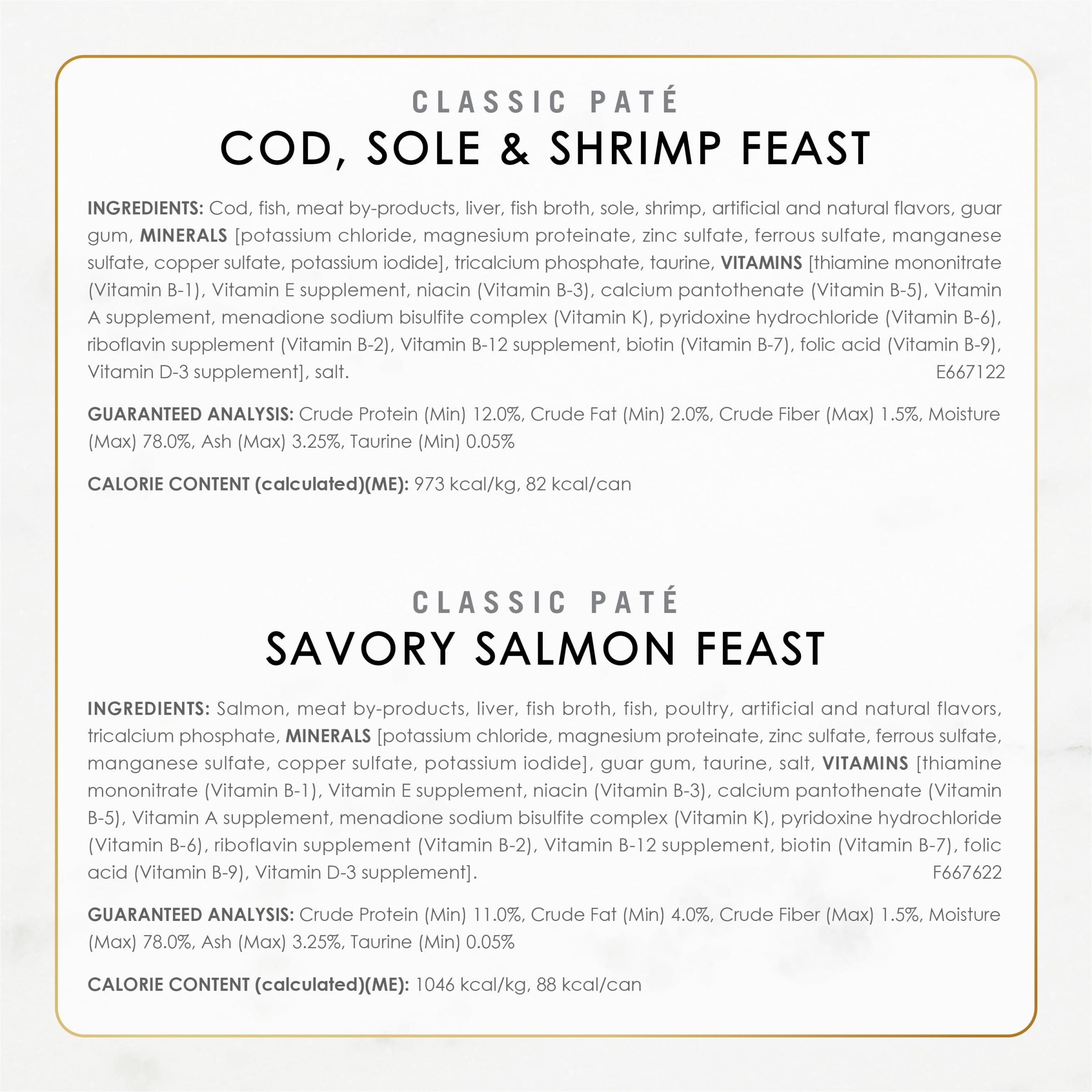 Fancy Feast Seafood Classic Pate, emballage compact et conservation facile.