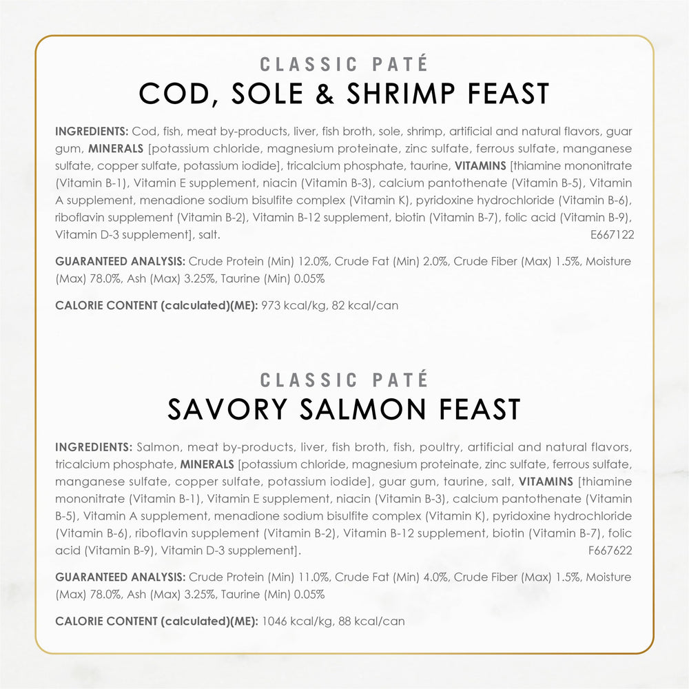 Fancy Feast Seafood Classic Pate, emballage compact et conservation facile.
