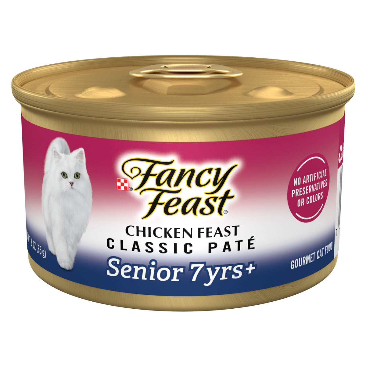 Boîte Fancy Feast Senior Pâté Poulet ouverte prête à servir