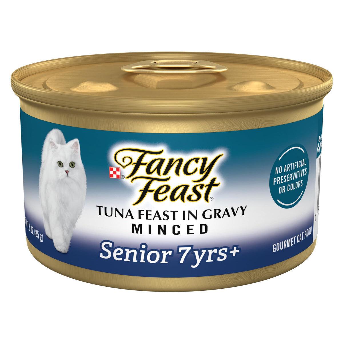 Fancy Feast Senior: thon en sauce mince en boîte, texture tendre adaptée aux chats âgés.