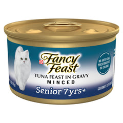 Fancy Feast Senior: thon en sauce mince en boîte, texture tendre adaptée aux chats âgés.