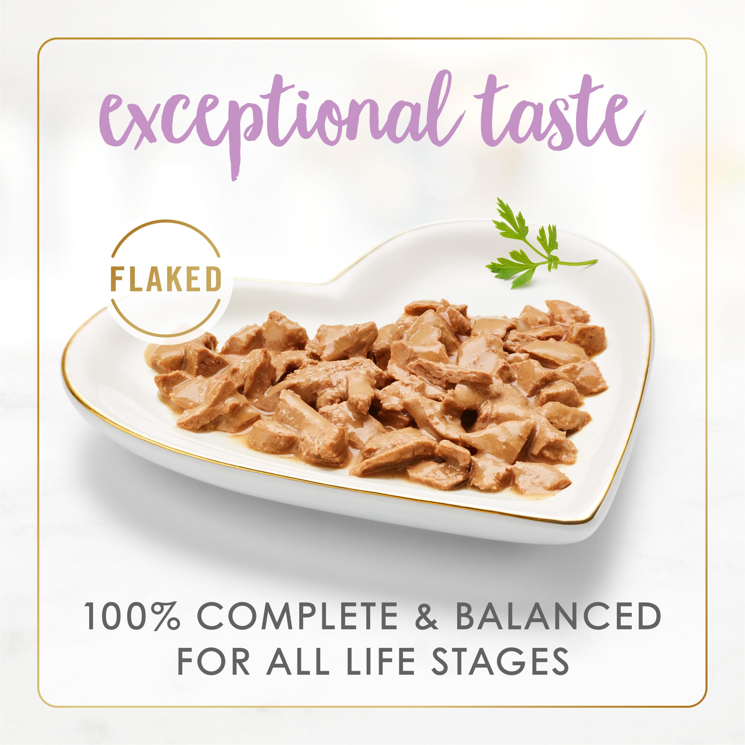 Fancy Feast texture floconnée, bouchée tendre idéale pour chats actifs.
