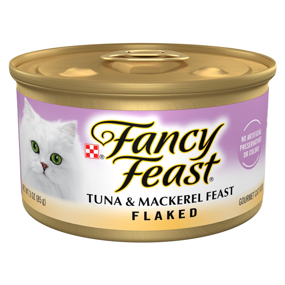 Fancy Feast thon-maquereau en flocons, goût marin pour chat gourmand.