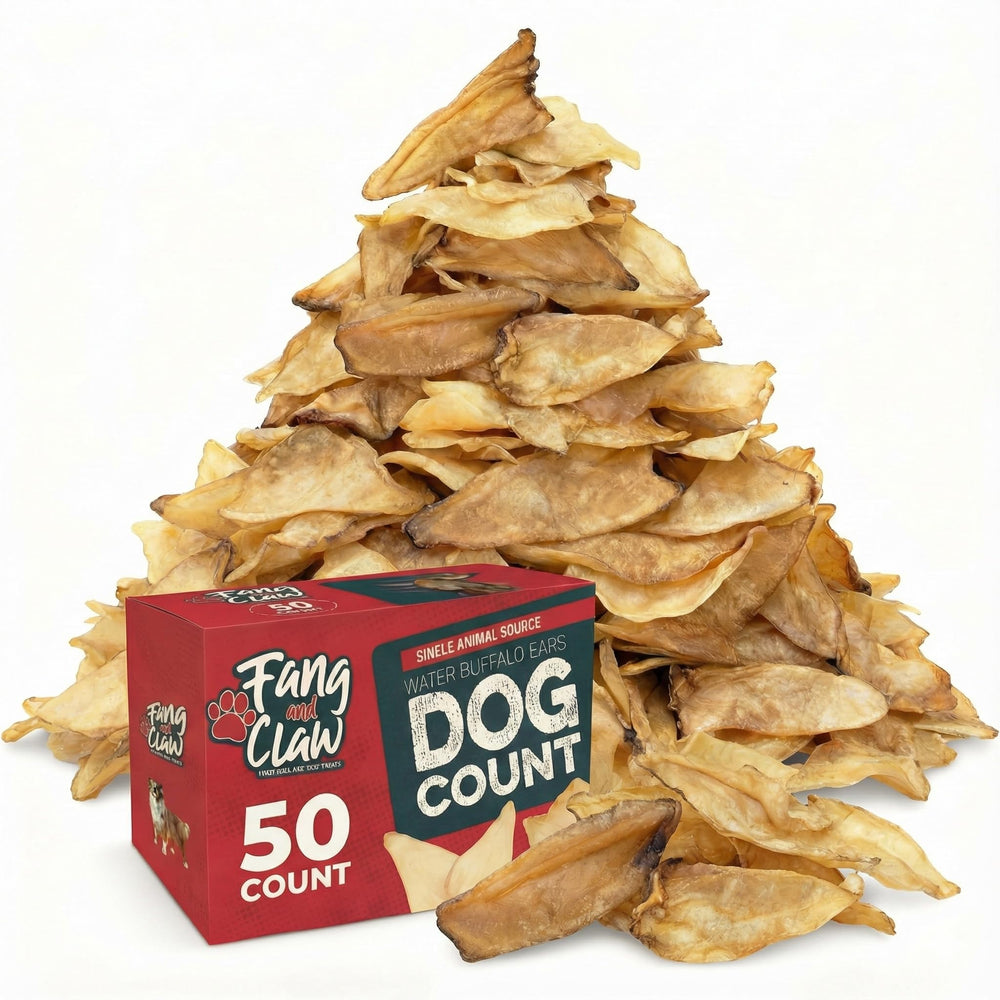 Fang and Claw – oreilles-buffle-eau-chien, friandise naturelle et durable pour chiens mordeurs.