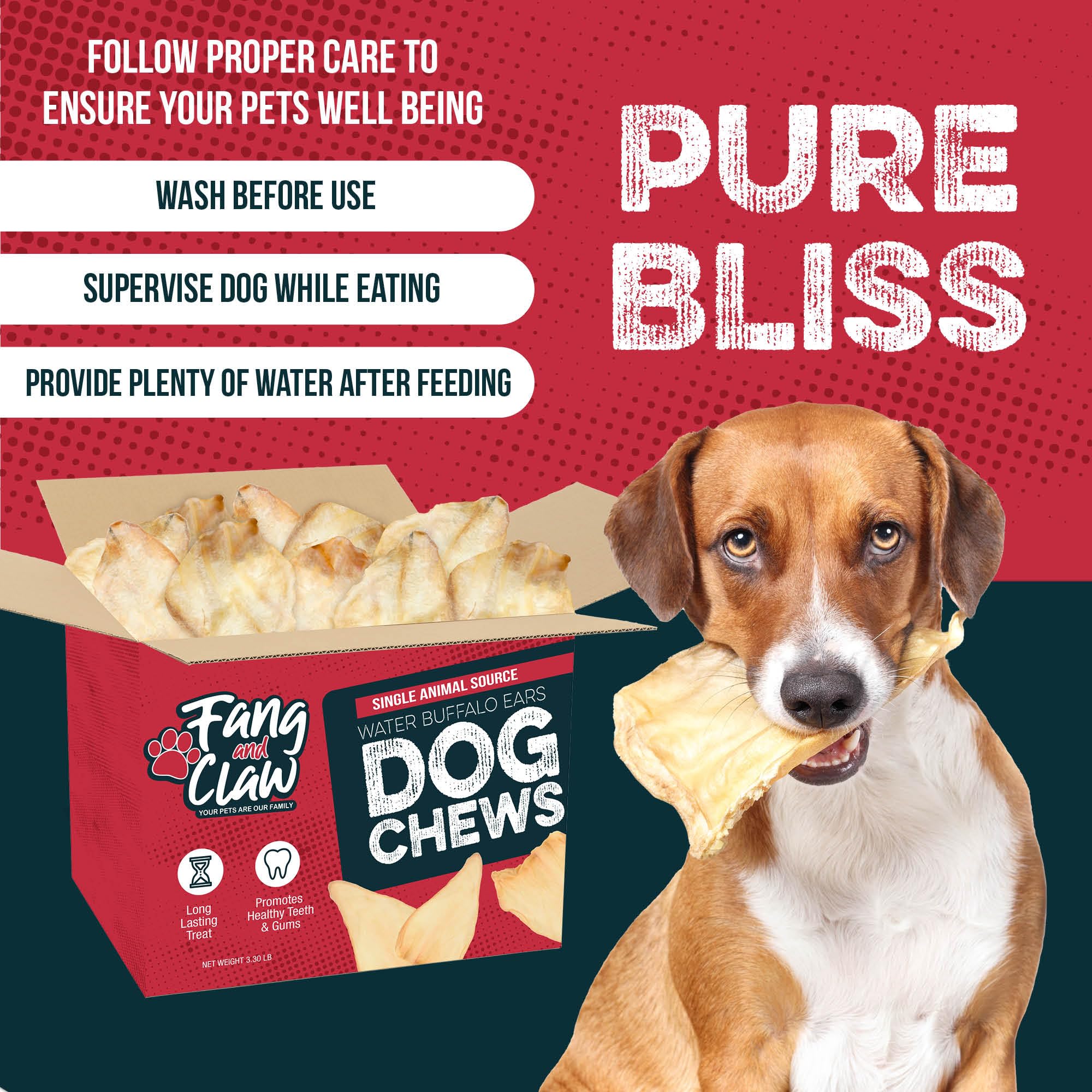 Fang and Claw – oreilles-buffle-eau-chien, friandise adaptée à toutes les races.