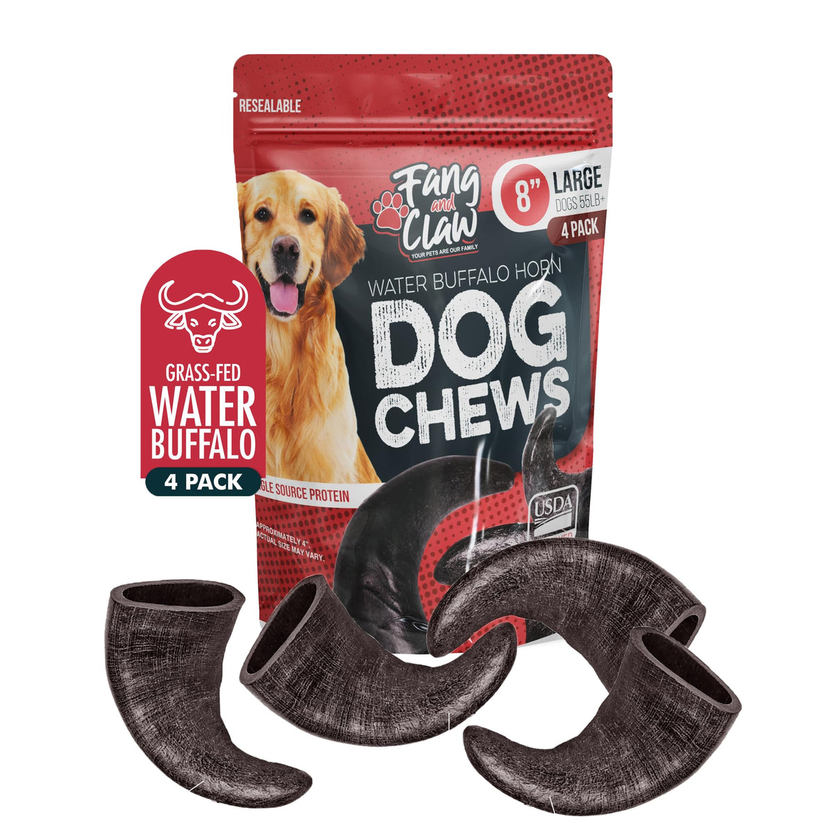 Fang et Claw - os buffle eau grand 8po en plein air, durable pour mastiquer.