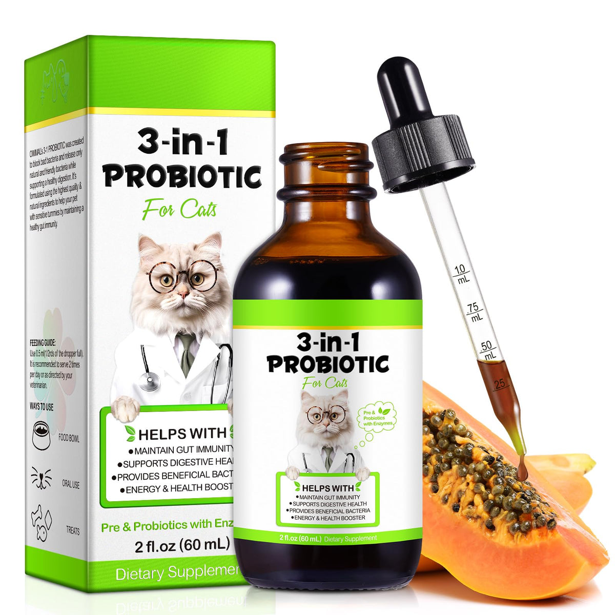 FANGCUN Probiotiques pour chats 3-en-1 — bouteille 60 ml, soutien digestif quotidien.