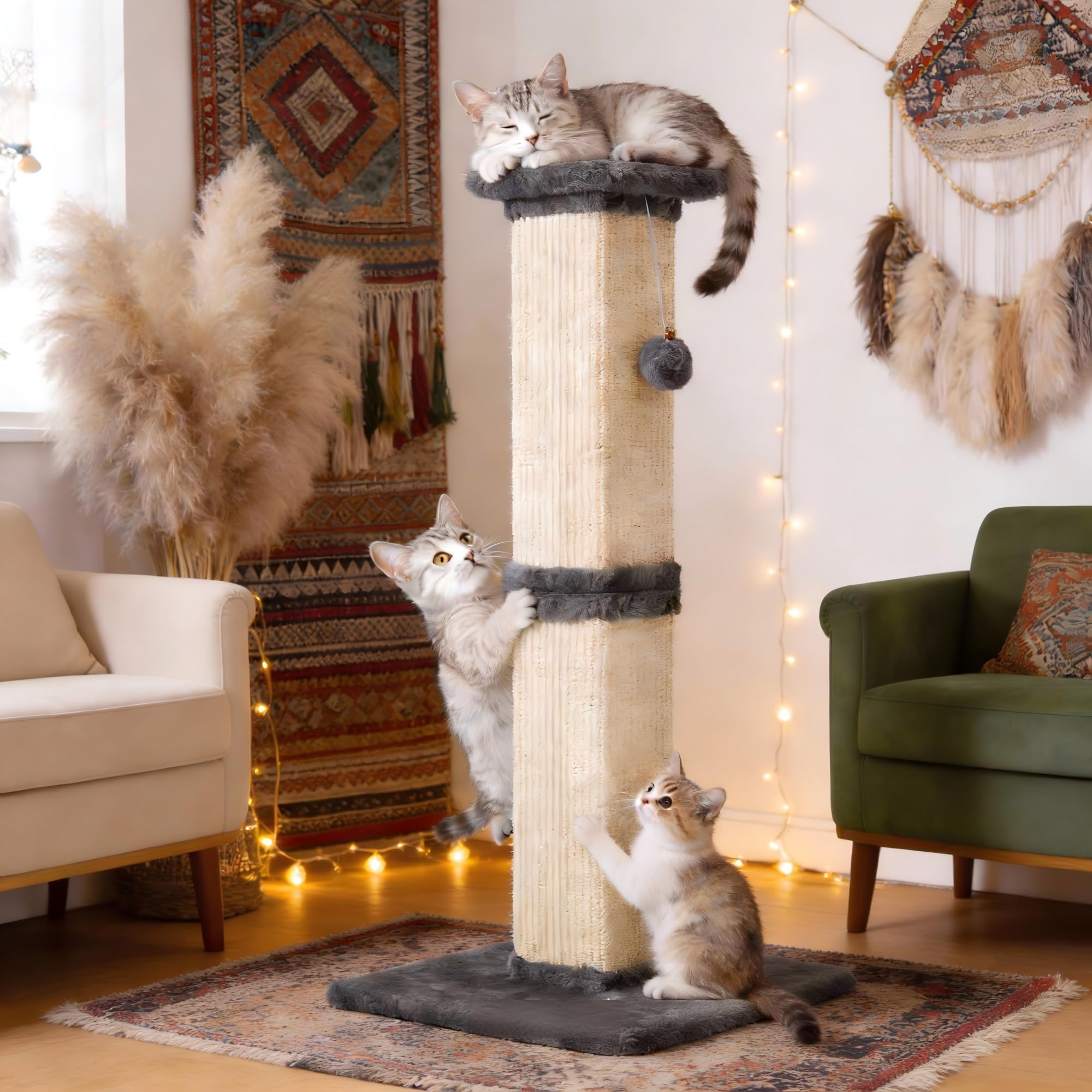 FansaFurn poste griffage chat 32 pouces gris, stabilité fiable pour chats actifs.