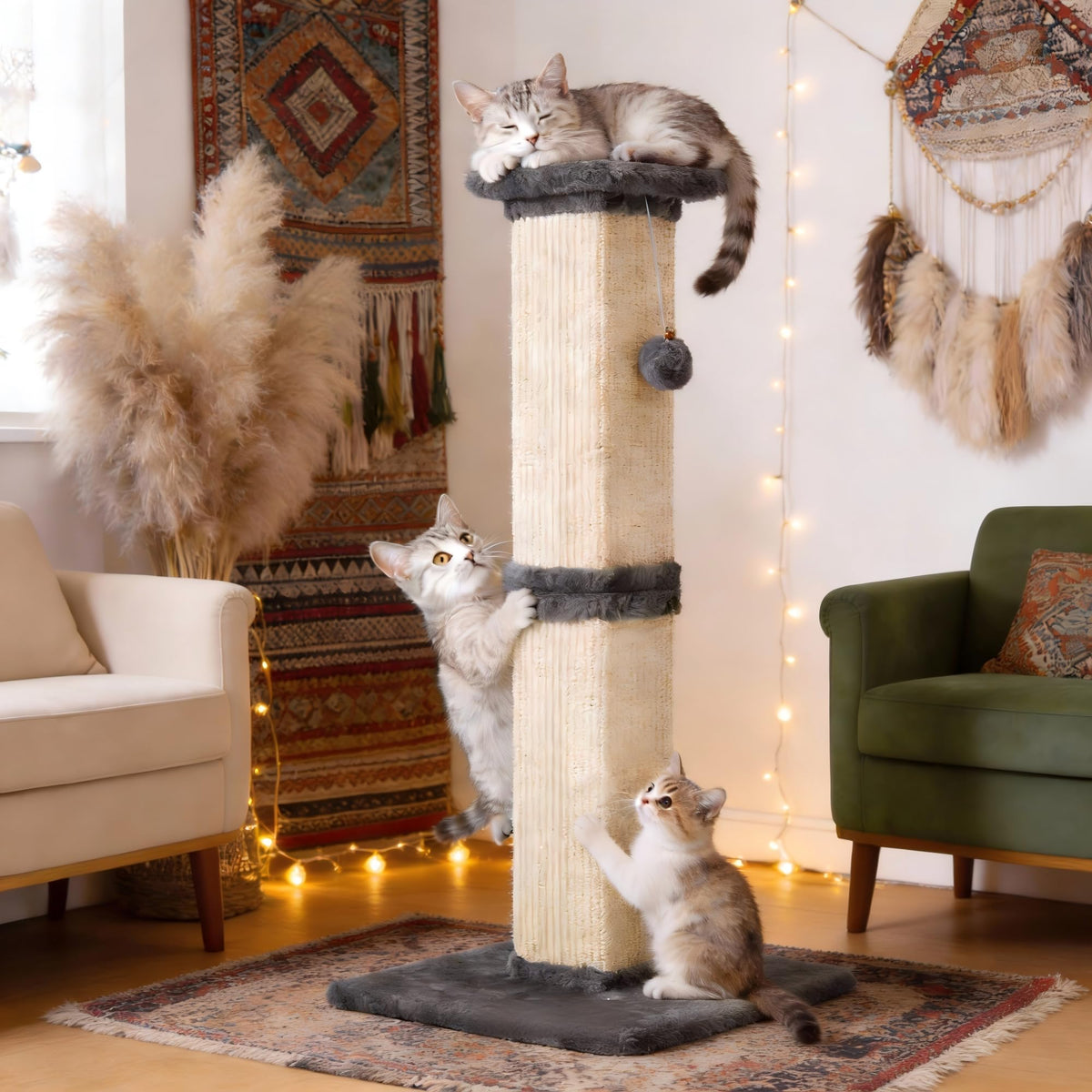 FansaFurn poste griffage chat 32 pouces gris, stabilité fiable pour chats actifs.
