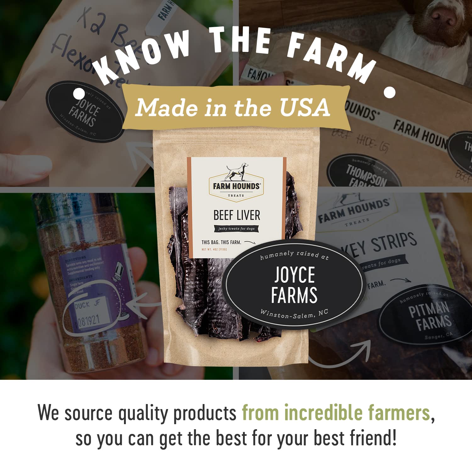 Farm Hounds emballage indiquant Fabriqué aux États-Unis, traçabilité locale.