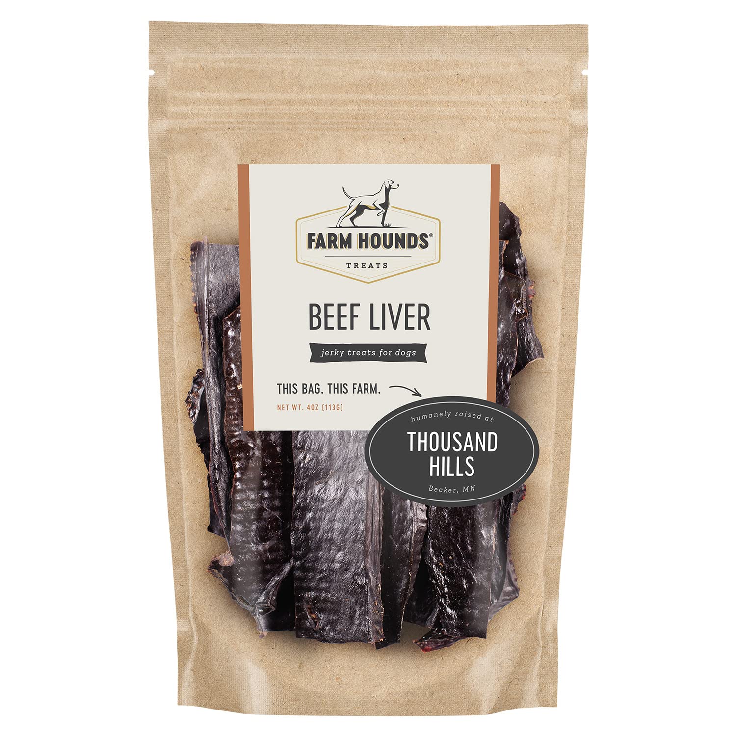 Farm Hounds foie de boeuf seche 113 g en sachet, récompense idéale pour le dressage.