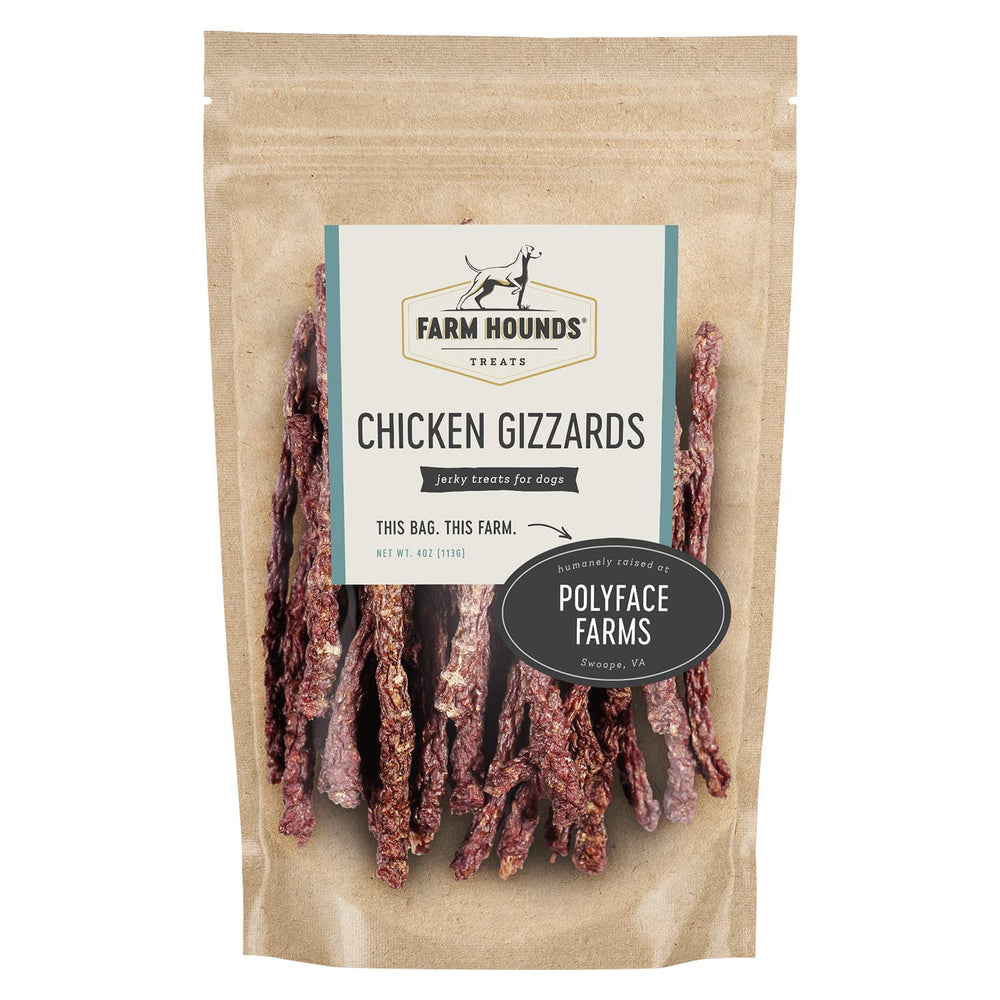 Farm Hounds gésiers de poulet tranche sèche 4oz prêt à offrir comme friandise naturelle.